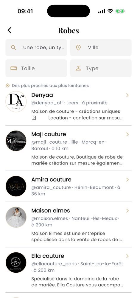 La liste des boutiques les plus proches, dans l’application Find Your Dresses