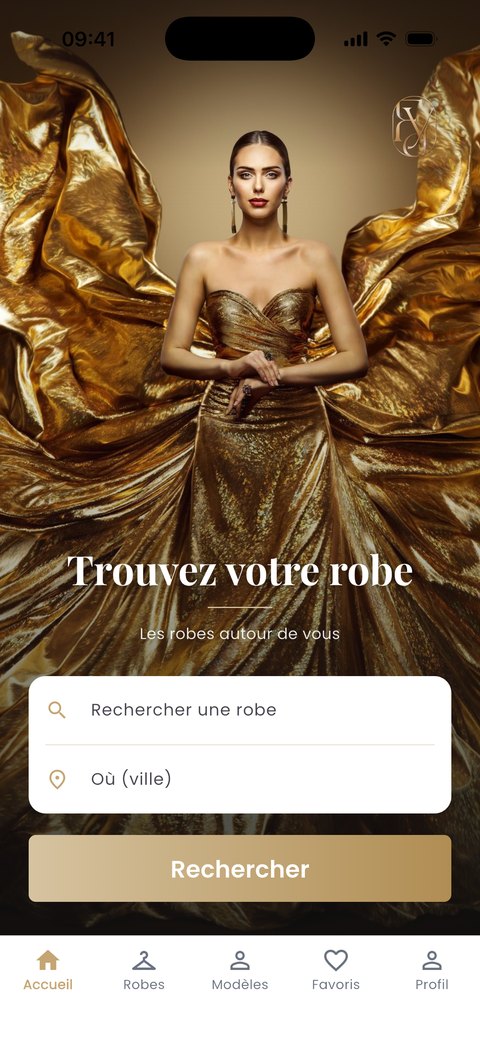 L’accueil de l’application Find Your Dresses : chercher une robe, et une ville