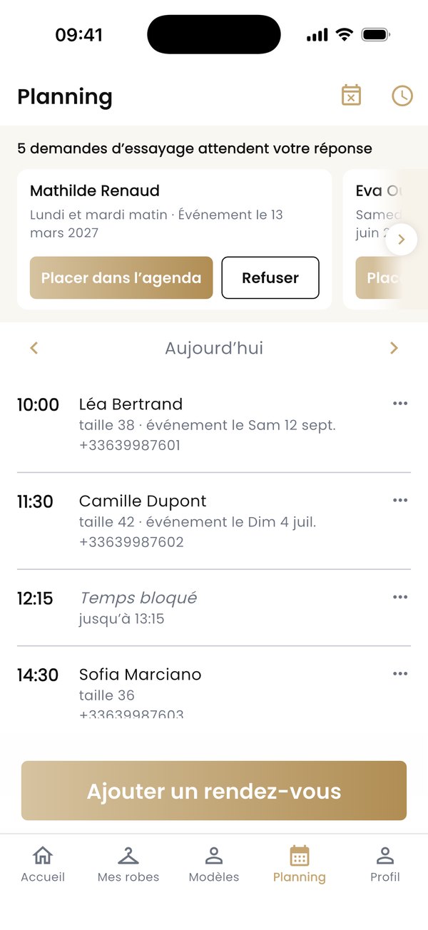 Le Planning d’une boutique : ses essayages de la journée et les demandes qui attendent une réponse